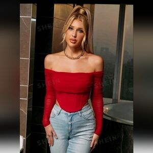4/$18 Shein parthea off shoulder high-low hem ruched mesh corset top